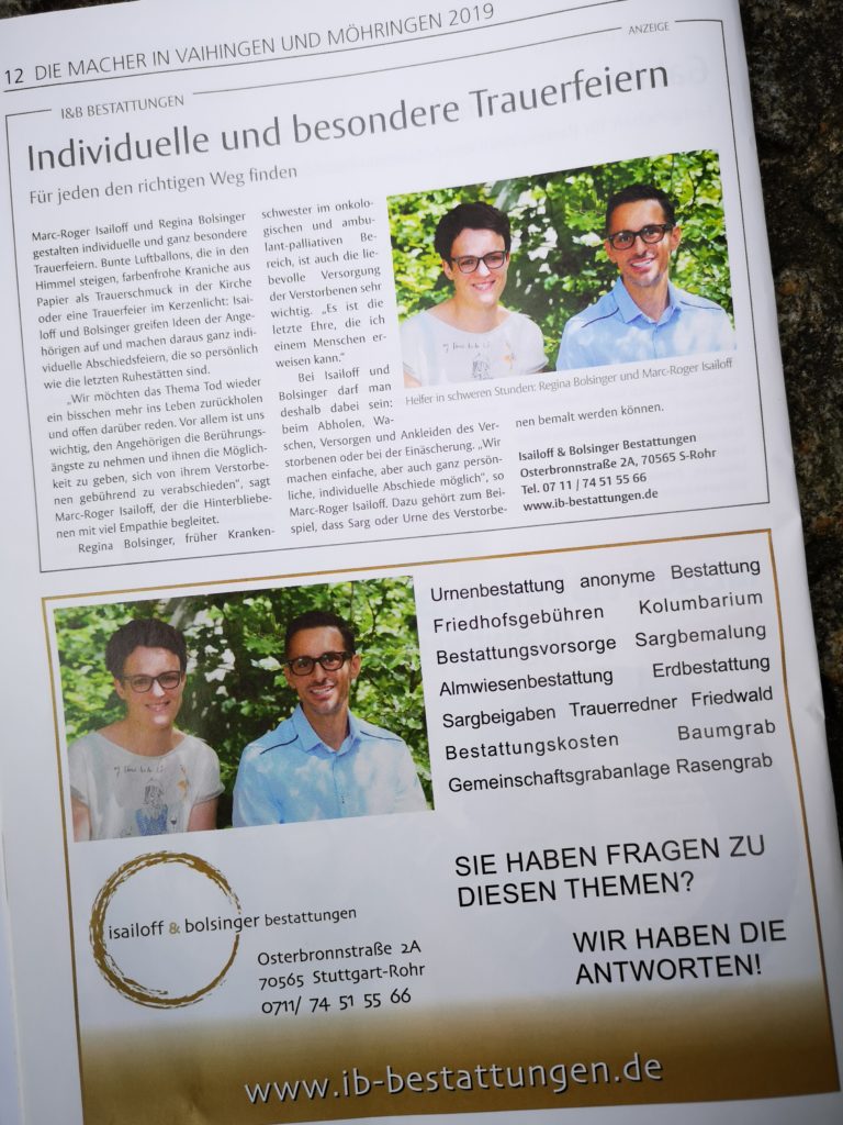 Die Macher in Vaihingen und Möhringen 2019...
Eine Sonderbeilage der Stuttgarter Zeitung / Stuttgarter Nachrichten in welcher Sie mehr über uns und unsere Arbeit erfahren.